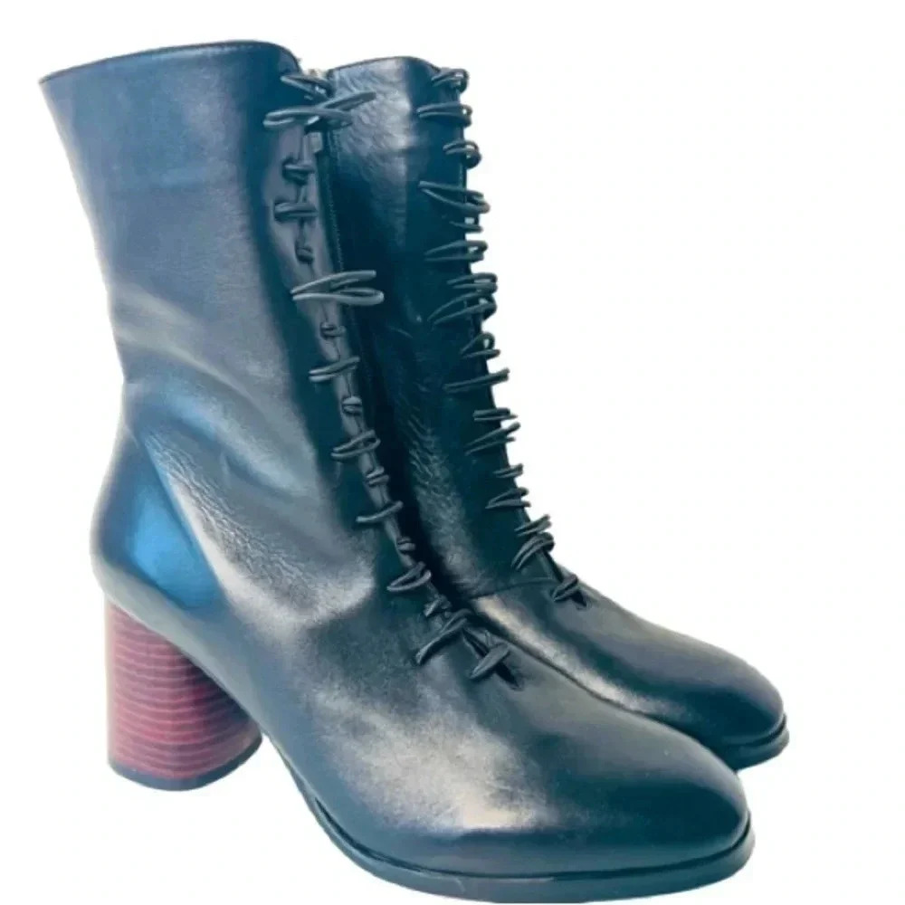 BLACK LEATHER BOOTS ANKLE BOOTS LACE-UP BOOTS BLOCK HEELS SIZE 37